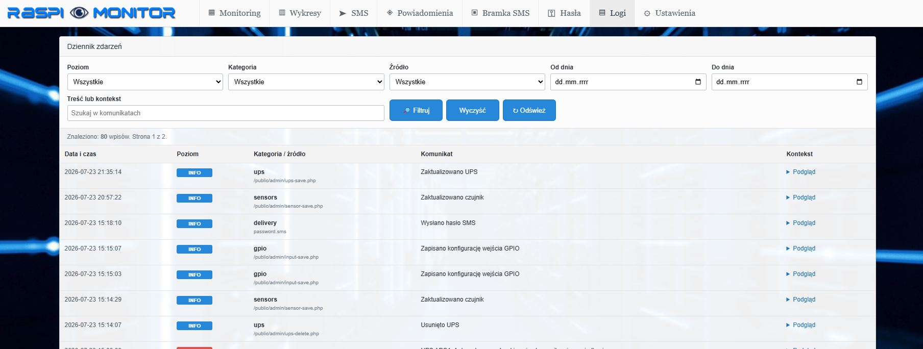 Dziennik zdarzeń w aplikacji Raspi Monitor